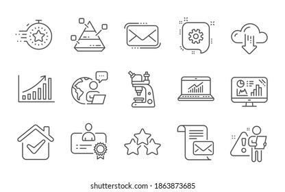Microscope, Messenger Mail und Ranking Sterne Linie Symbole gesetzt. Analytics Graphics, Timer und Pyramid Diagramm Zeichen. Symbole für Cograd-, Zertifikat- und Briefbriefe. Zeilensymbole gesetzt. Vektorgrafik
