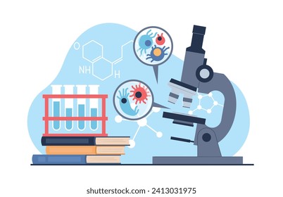 Microscopio con microorganismos. Los científicos magnifican el equipo para laboratorio. Estudiar virus en laboratorio, microbiología y química. Desarrollo de virus. Concepto de vector aislado plano de dibujos animados