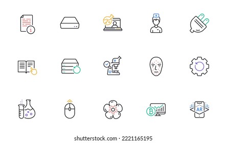Microscope, Mini pc and Doctor line icons for website, printing. Collection of Natural linen, Read instruction, Manual icons. Augmented reality, Recovery gear, Electric plug web elements. Vector