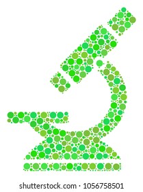 Microscope mosaic of filled circles in variable sizes and eco green color tones. Vector circle elements are composed into microscope illustration. Ecological vector illustration.