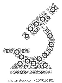 Microscope mosaic of gear components. Vector gear parts are combined into microscope figure.