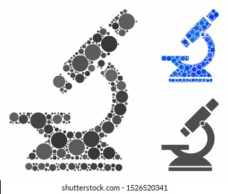 Microscope mosaic for microscope icon of circle elements in different sizes and color tones. Vector circle elements are grouped into blue mosaic. Dotted microscope icon in usual and blue versions.