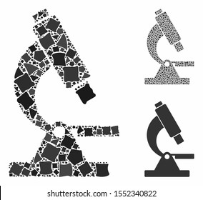 Microscope mosaic of unequal parts in various sizes and color hues, based on microscope icon. Vector ragged parts are grouped into collage. Microscope icons collage with dotted pattern.