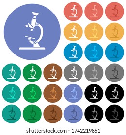 Microscope multi colored flat icons on round backgrounds. Included white, light and dark icon variations for hover and active status effects, and bonus shades.