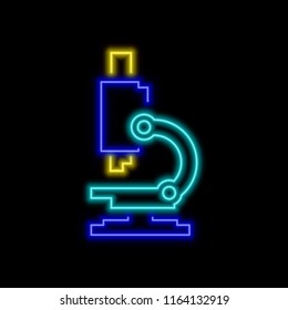 Microscope neon sign. Bright glowing symbol on a black background. Neon style icon.