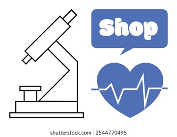 Microscopio junto a un corazón azul con una línea de electrocardiograma y una burbuja de discurso con la tienda dentro. Ideal para la venta de equipos médicos, venta al por menor científica, tiendas de atención médica en línea, empresas biomédicas