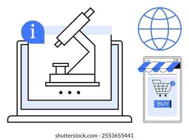 A microscope on a laptop screen with an info icon, a shopping cart on a smartphone, and a globe. Ideal for online shopping, education, science, technology, and ecommerce. Flat minimal style