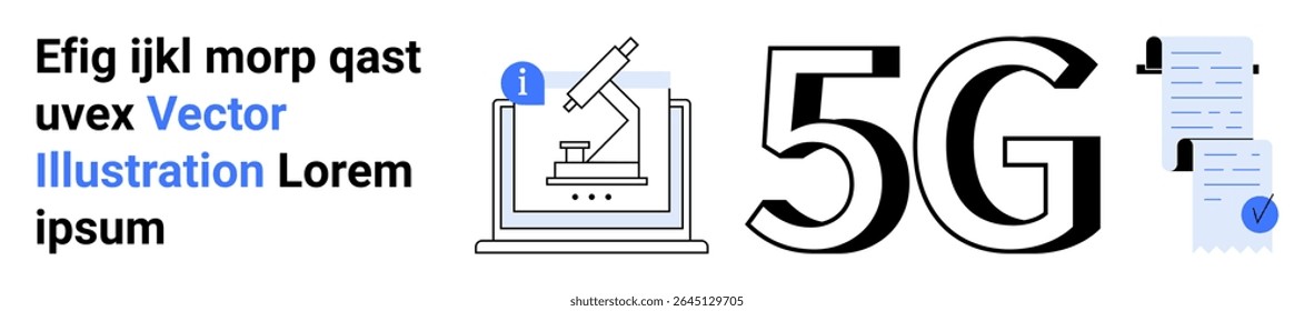 Microscope on a laptop screen, information icon, large 5G, and a document with a blue checkmark. Ideal for technology, innovation, research, education, communication, digital transformation
