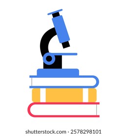 Microscope on Stack of Books in Flat Vector Illustration Symbolizing Education, Scientific Research, and Learning, Isolated on White Background