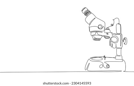 Microscope as one line drawing banner. Continuous hand drawn minimalist minimalism design isolated on white background vector illustration.