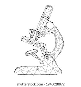 Microscope, an optical scientific instrument, from abstract futuristic polygonal black lines and dots. Vector illustration.