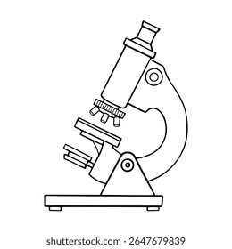 Croquis de Doodle de contorno de microscopio. Herramienta óptica dibujada a mano. Educación, Química, Ciencia, Biología, equipo de investigación de laboratorio. Ilustración vectorial aislada