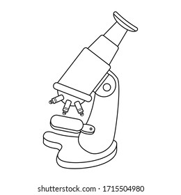 microscope outline icon. pharmaceutical instrument, microbiology magnifying tool. Symbol of science, chemistry and exploration. flat design concept. stroke, thin line. vector, illlustation