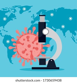 microscope with particle covid 19 and world map vector illustration design