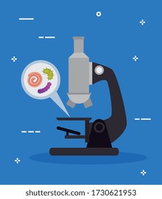 microscopio con partículas covid 19 y microorganismos diseño de ilustración vectorial