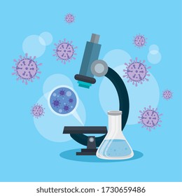 microscope with particles of covid 19 and tube test vector illustration design