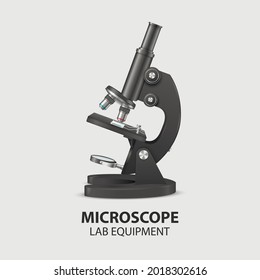 Mikroskop-Teile, Strukturanatomie. Vektor 3d realistisches schwarzes Labormikroskop einzeln auf Weiß. Chemie, Biologie-Werkzeug. Wissenschaft, Labor, Forschung, Bildung, Infografiken. Vorlage erstellen