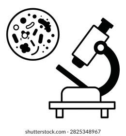 A microscope and petri dish with microorganisms, science and research concept