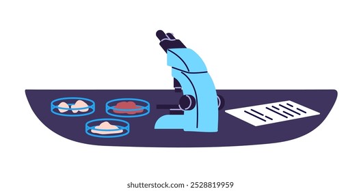 Microscopio con placas de Petri. Ensayo químico con muestras biológicas en placas. Experimento médico en laboratorio. Equipos de laboratorio para investigación. Ilustración vectorial aislada plana sobre fondo blanco