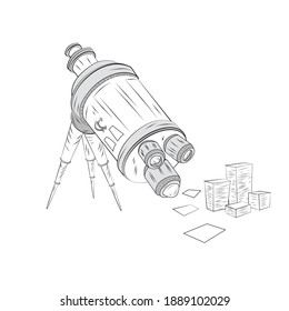microscope and pieces of paper on a white background