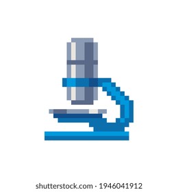 Microscope pixel art icon. Isolated vector flat illustration. Biology science education medical. Design for stickers, logo and mobile app. Game assets 8-bit sprite. Laboratory equipment.