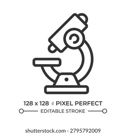Microscope pixel perfect line icon. Researching lab equipment. Optical instrument to magnify small objects. Isolated vector illustration. Outline symbol. Simple linear drawing. Editable stroke