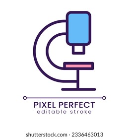 Microscope pixel perfect RGB color icon. Laboratory instrument. Enlargement tool. Medical test, analysis. Isolated vector illustration. Simple filled line drawing. Editable stroke. Poppins font used