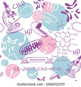 Microscope, Plant Cell, Scheme Of Photosynthesis, Mitochondria And Chromosomes. A Seamless Pattern On The Theme Of Biology, Medicine, Genetics.