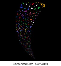 Microscope random fireworks stream. Vector illustration style is flat bright multicolored iconic symbols on a black background. Object fountain organized from scattered symbols.