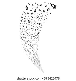 Microscope random fireworks stream. Vector illustration style is flat black iconic symbols on a white background. Object fountain made from scattered symbols.