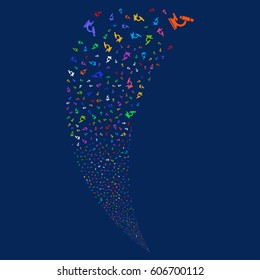 Microscope random fireworks stream. Vector illustration style is flat bright multicolored iconic symbols on a blue background. Object fountain made from scattered icons.