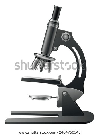 Microscope realistic, laboratory tool for magnifying. Magnification item for biology and chemical, medical research. Molecular bio technologies in laboratory. Vector illustration