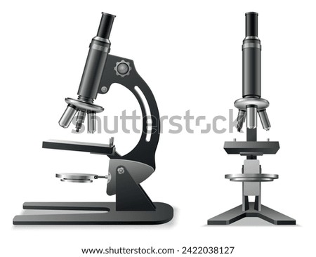 Microscope realistic, laboratory tool for magnifying. Magnification item for biology and chemical, medical research. Molecular bio technologies in laboratory. Vector illustration
