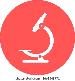 Microscope in red circle icon. Symbol of science, chemistry, pharmaceutical instrument, microbiology magnifying tool. Flat style for graphic design template. Suitable for logo, web, UI, mobile app. 