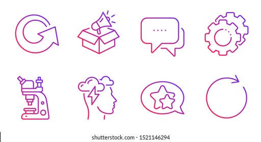 Microscope, Reload and Message line icons set. Mindfulness stress, Settings gears and Megaphone box signs. Star, Synchronize symbols. Chemistry laboratory, Update. Technology set. Vector