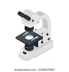 Microscope for research. Modern technologies for evaluation of cellular connections. Vaccine or drug development, hospital apparatus. Cartoon isometric vector illustration isolated on white background