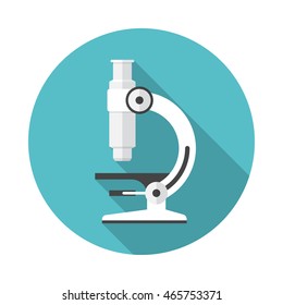 Microscope round icon with long shadow. Flat design style. Microscope simple silhouette. Modern circle icon in stylish colors. Web site page and mobile app design vector element.