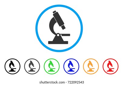Microscope rounded icon. Style is a flat microscope gray symbol inside light blue circle with black, gray, green, blue, red, orange color versions. Vector designed for web and software interfaces.
