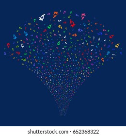 Microscope salute stream. Vector illustration style is flat bright multicolored iconic symbols on a blue background. Object stream fountain combined from random icons.