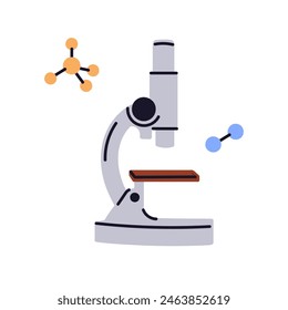 Microscope, science equipment technology, chemistry science study, chemical lab research, laboratory experiment, doctor scientist medical laboratory analyzing on background flat vector illustration.