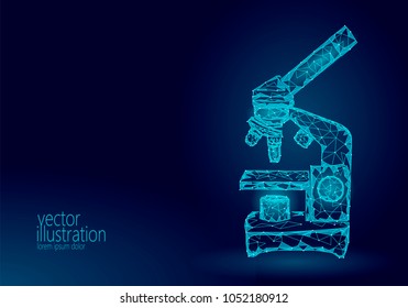 Microscope science medicine business equipment. Low poly polygonal triangle blue glowing point connected line analysis research microbiology lab laboratory vector illustration