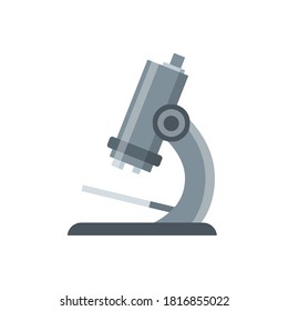 Microscope. Scientific equipment of laboratory. Study of the microcosm. Education and science. Magnifying glass. Flat cartoon icon