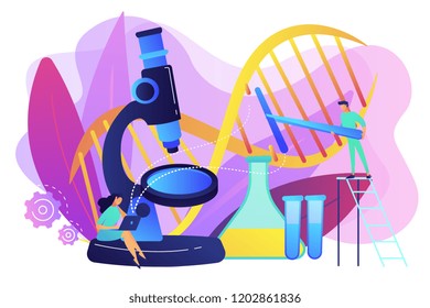 Microscope and scientists changing DNA structure. Genetic engineering, genetic modification and genetic manipulation concept on white background. Bright vibrant violet vector isolated illustration