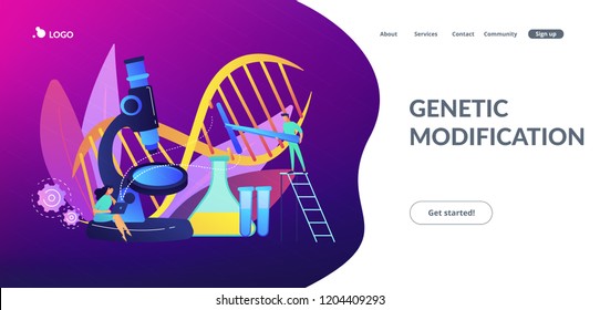 Microscope and scientists changing DNA structure. Genetic engineering, genetic modification and genetic manipulation concept on white background. Website vibrant violet landing web page template.