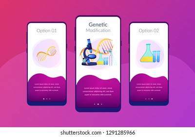 Microscope and scientists changing DNA structure. Genetic engineering, genetic modification and genetic manipulation concept on white background. Mobile UI UX GUI template, app interface wireframe