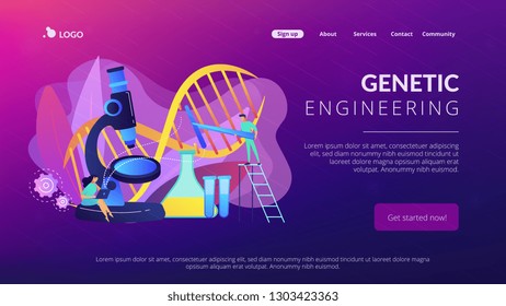Microscope and scientists changing DNA structure. Genetic engineering, genetic modification and genetic manipulation concept on white background. Website vibrant violet landing web page template.