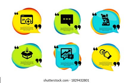 Microscope, Seo targeting and Accounting icons simple set. Speech bubble with quotes. Get box, Blog and Rotation gesture signs. Chemistry laboratory, Performance, Supply and demand. Vector