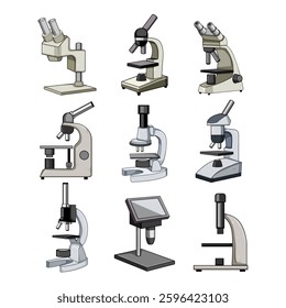 microscope set cartoon. resolution specimen, objective eyepiece, focus illumination microscope sign. isolated symbol vector illustration