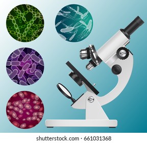 Microscope and a set of images of different biological forms. Vector illustration.