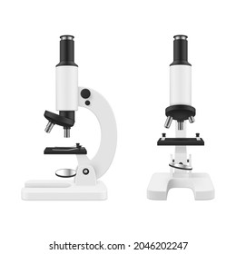 Microscope set realistic vector illustration. Science lab magnify tool for researching isolated on white. Optical equipment for microbiology, chemistry, molecular diagnostic discovery. Zoom technology